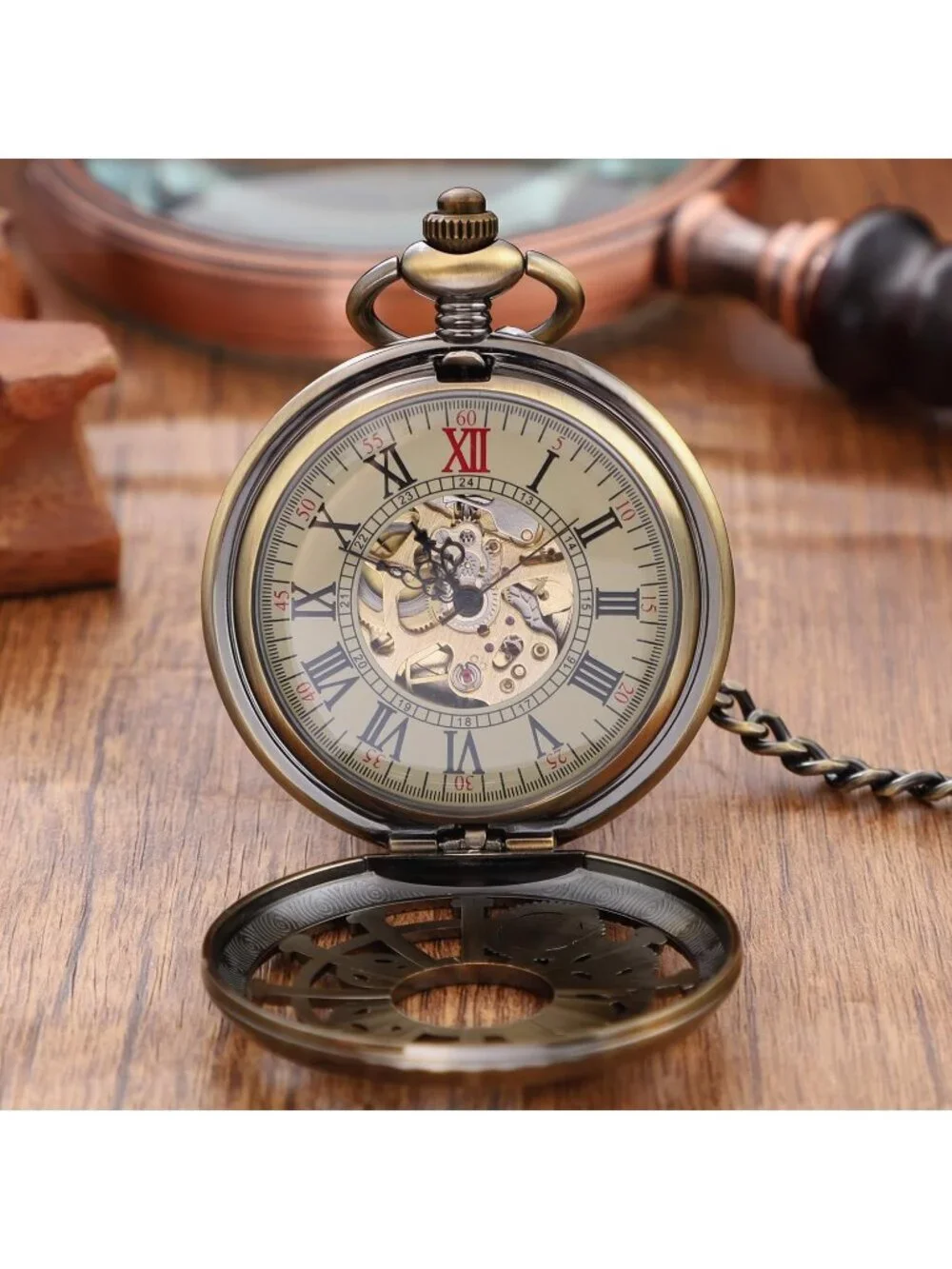 Men's Brown Vintage Style Hollow-Out Round Gear Arabic Mechanical Pocket Watch